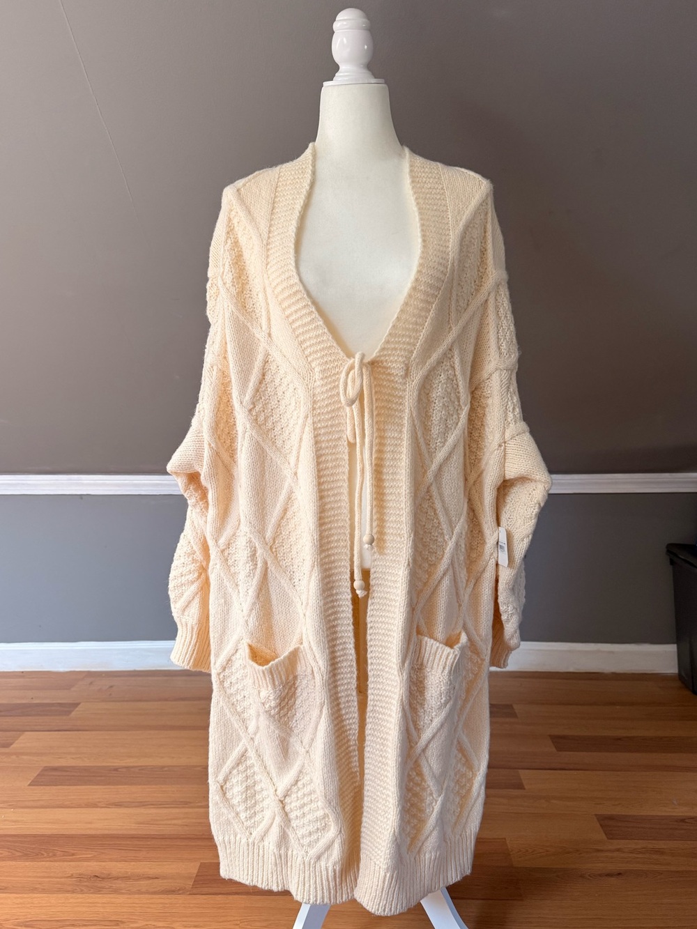 Altar'd State Cream Cable Knit Long Cardigan with Tie
